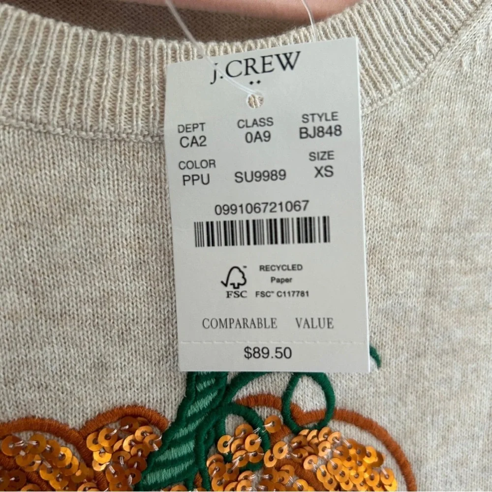 J. Crew Cream Crewneck Sweater with Embroidered Orange Pumpkin